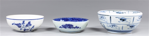 Group of Three Antique Blue on White Bowls