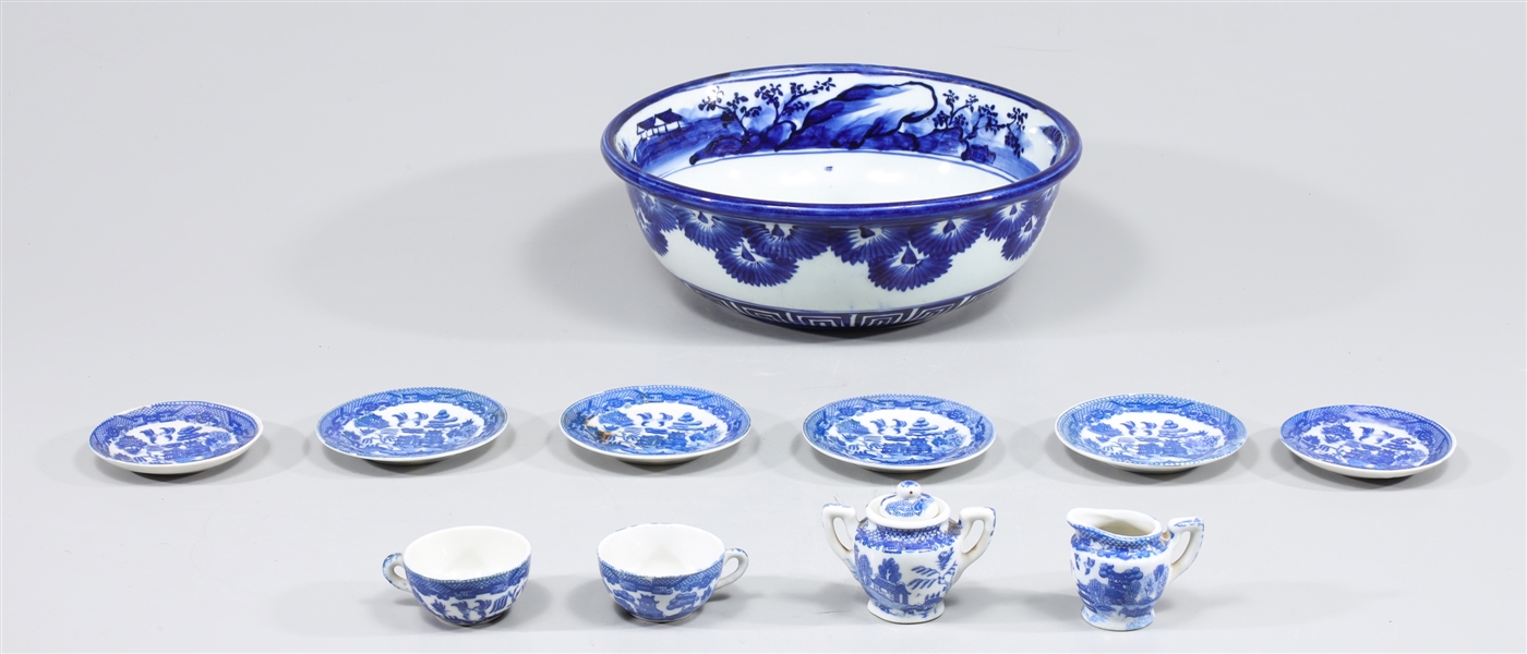 Group of Eleven Japanese Flow Blue and Blue Willow Ceramics
