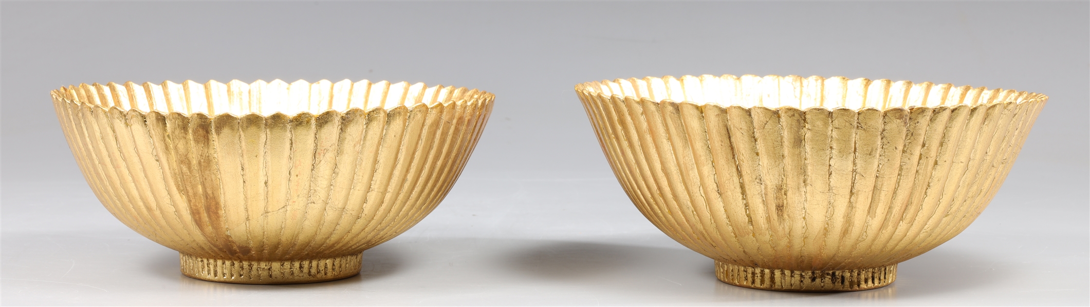 Pair Chinese Ceramic Gilt Ridged Bowls