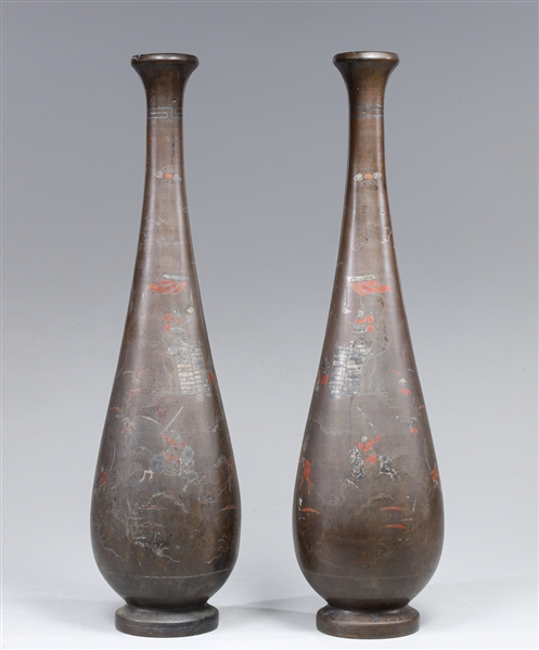 Pair Japanese Tall Bronze Vases