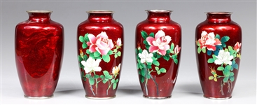 Group of Four Vintage Japanese Red Cloisonne Vases