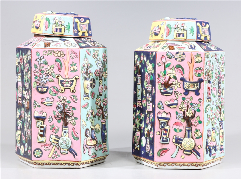 Pair Chinese Ceramic Faceted Covered Jars