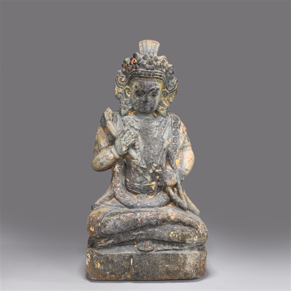 Highly Unusual Ming Dynasty Carved Stone Nepalese Seated Bodhisattva
