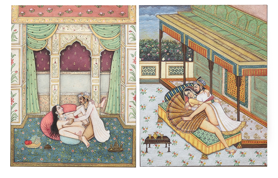 Group of Two Antique Gouache on Paper Indian Miniature Kama Sutra Paintings