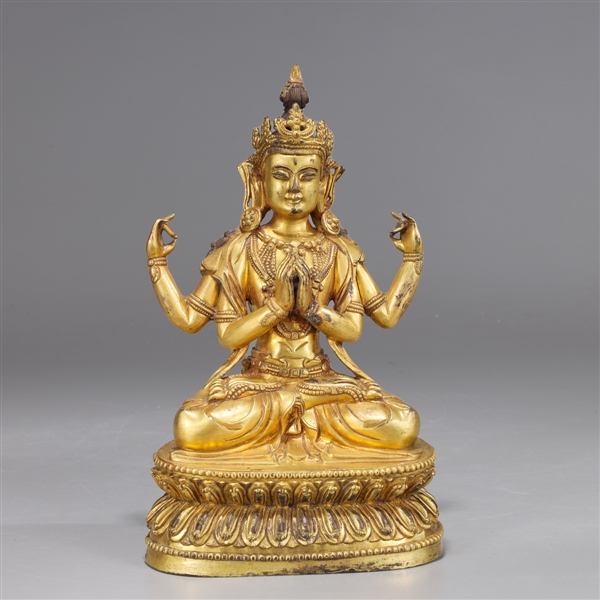 Antique Gilt Copper Seated Shadakshari Avalokiteshvara Figure