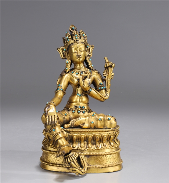 Antique Sino-Tibetan Gilt Copper Seated Tara Figure