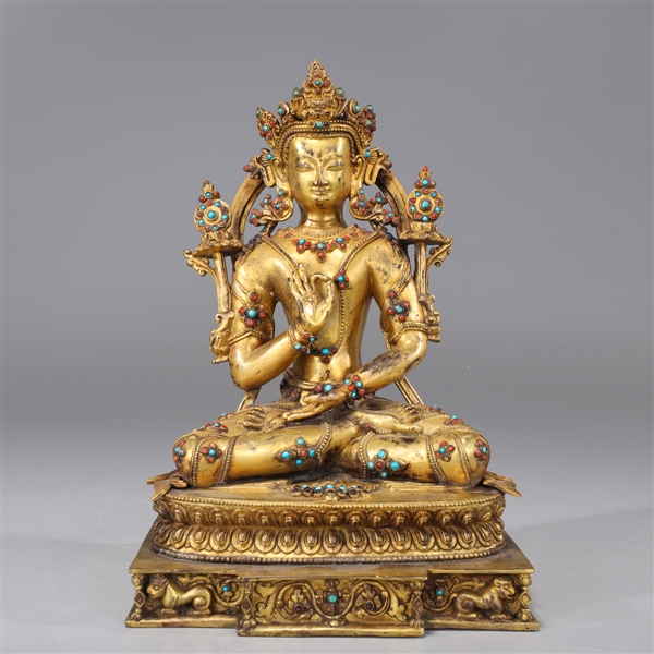 Antique Sino-Tibetan Gilt Copper Seated Maitreya Figure