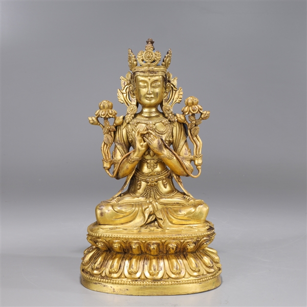 Sino-Tibetan Gilt Copper Seated Maitreya Figure