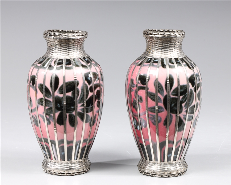 Pair Antique Japanese Pink and Black Glaze Porcelain Vases