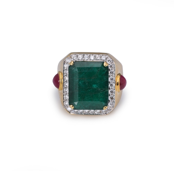Large 18k Yellow Gold Emerald Ruby & Diamond Ring By Victor Loo