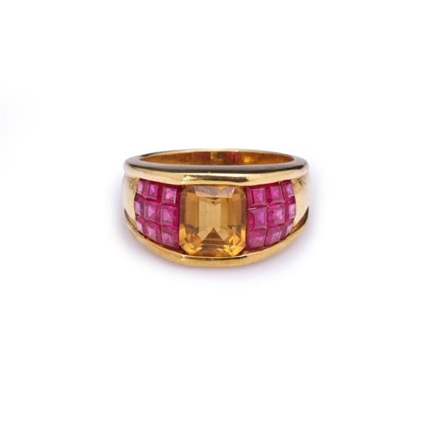 18K Yellow Gold Golden Topaz & Invisible Set Ruby Ring