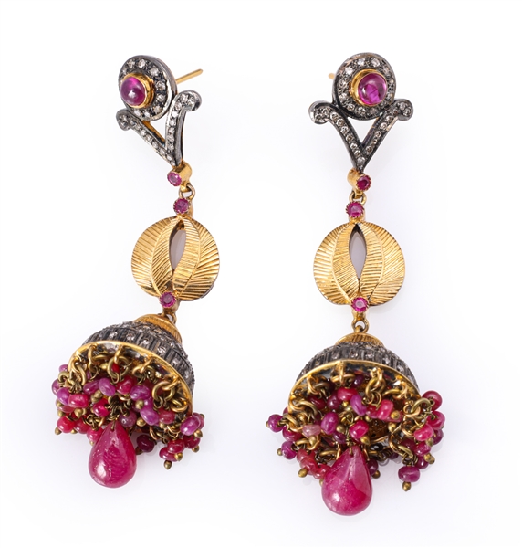 Pair Antique Indian Gold Topped Silver Ruby & Diamond Chandelier Earrings