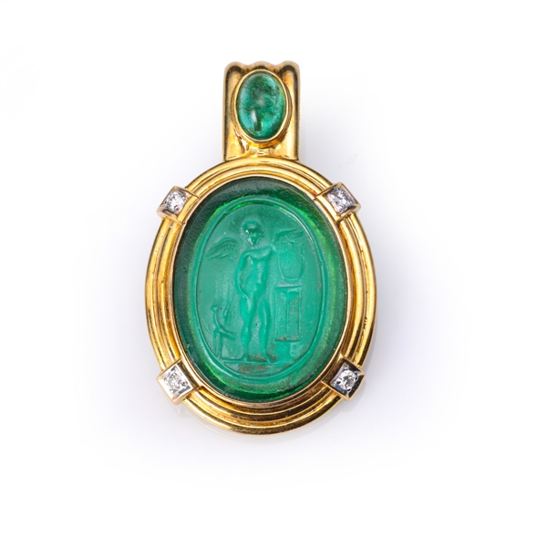 18K Gold, Emerald & Diamond Pendant with Antique Venetian Glass Cameo Medallion