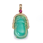 Unusual Green Chalcedony Carving Mounted in 18K Gold, Ruby & Diamond Pendant