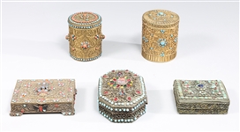 Group of Five Antique Tibetan Jeweled Boxes
