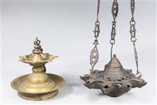Group of Two Vintage Bronze and Brass Hanging Oil Lamps