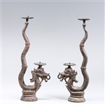 Pair Antique Old Siam Serpent Form Bronze Candlesticks