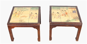Pair Antique Japanese Tile Top End Tables