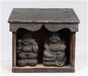 Antique Japanese Carved Wood Daikokuten and Ebisu Shrine