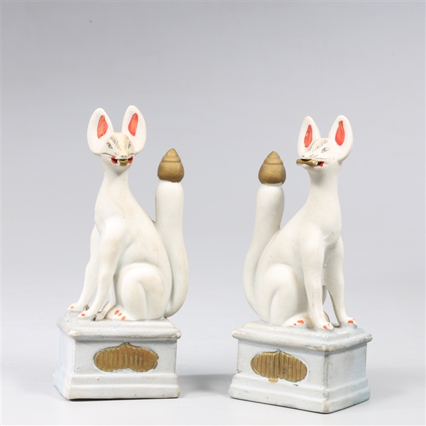 Pair Two Japanese Ceramic Inari Fox Figures