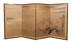 Antique Japanese Watercolor Screen, Cranes