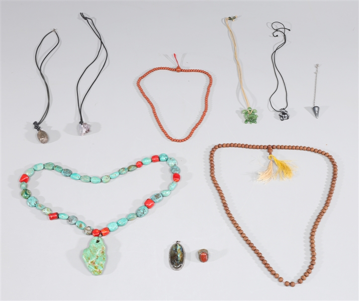 Group of Ten Necklaces, Prayer Beads, Pendants, Ring