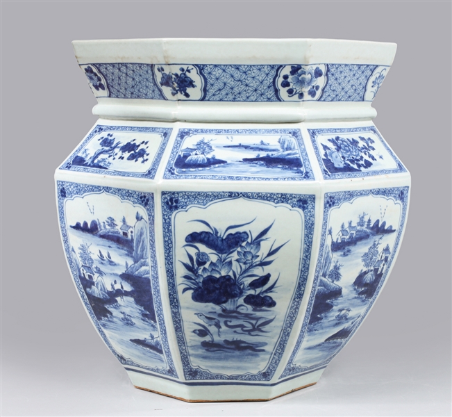 Large Chinese Cinched Blue and White Octagonal Planter