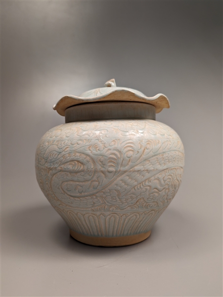 Chinese Carved Yingqing Glazed Jar and Cover